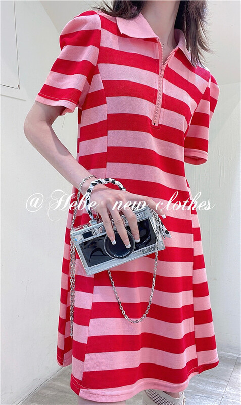 [Hebe] bubble sleeve stripe versatile dress 28823# XYJ