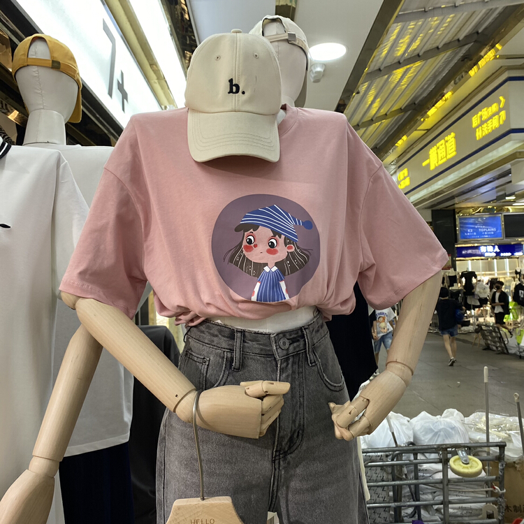[Hello] Korean loose cartoon print medium long short sleeve T-shirt 8859# XYY