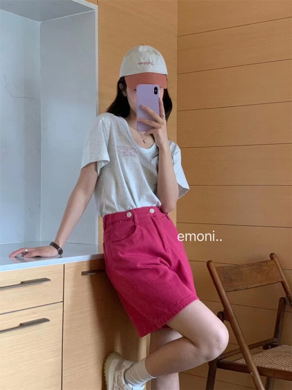 [emoni] simple and versatile foreign style letter short sleeve T-shirt 10957# CLS