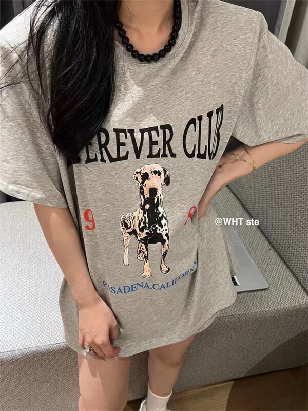 [wht] shoulder pad dog loose print Pullover short sleeve T-shirt ys1-4087# WTT