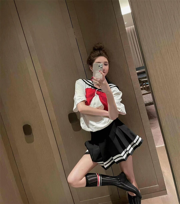 [big C studio] college style bow pattern Navy collar short sleeve T-shirt ys1-1072# PCZ