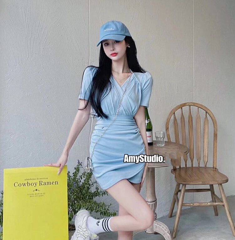 goods in stock! New in early summer! [HH] Korean versatile waist deep V-neck short sleeve dress 2416# LSL