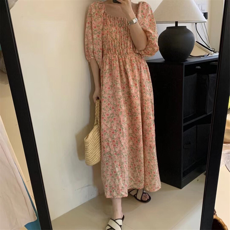 [hi] Korean Ladies square neck high waist dress 5213# hjy