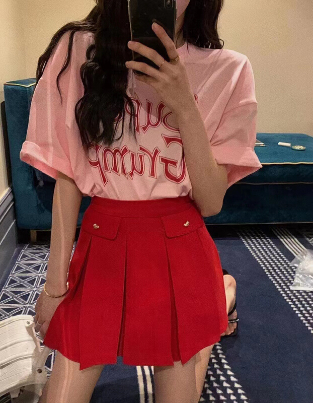 [mi ni] casual letter large short sleeve T-shirt + high waist pleated skirt set 2300# PCZ