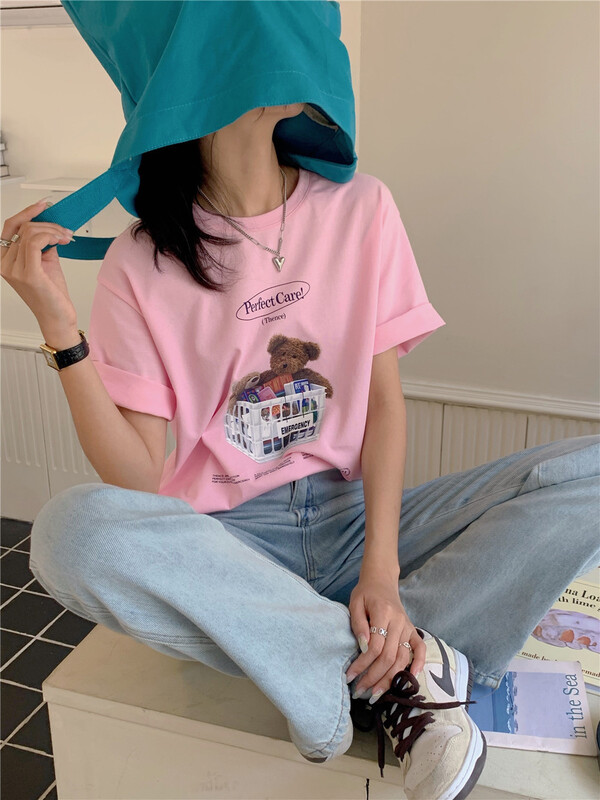 New in early summer! [Chennai] Cartoon Bear print round neck short sleeve T-shirt 121c123# zxx