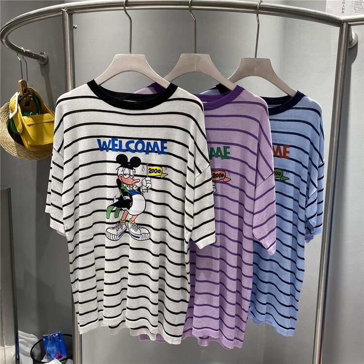 [miss happy] Korean stripe loose cartoon printed short sleeve T-shirt m100# WPL