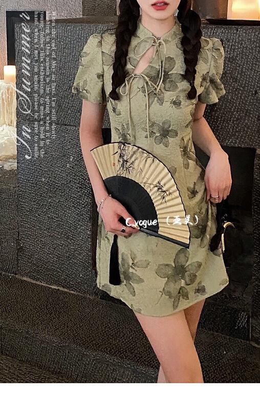 [c.vogue] retro olive green improved cheongsam short split dress 2879# PCZ