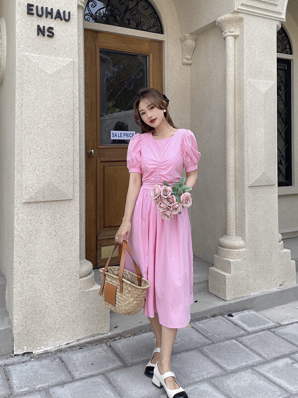 goods in stock! [J2. J1wg] Korean round neck pleated waist dress 22086# cqw