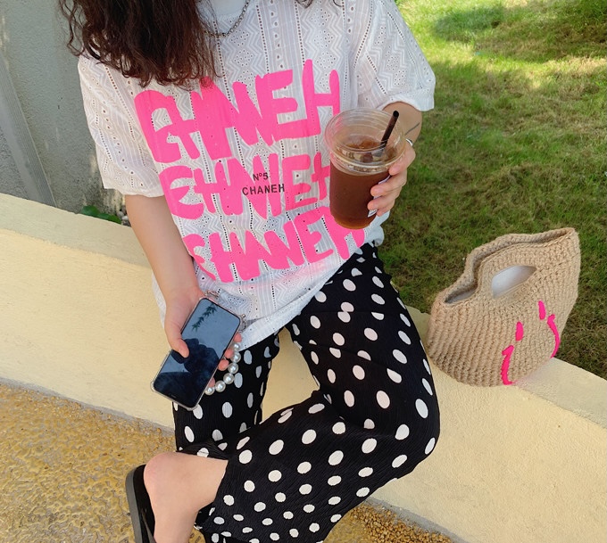 New in early summer! 【N】 Hollowed out hook flower Korean print Pullover short sleeve T-shirt 0704# WTT