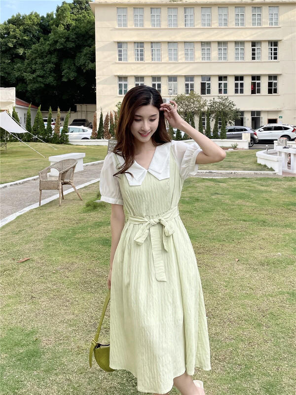 [woo woo shop] Korean color blocking and crimping dress (with belt) 32890# WPL