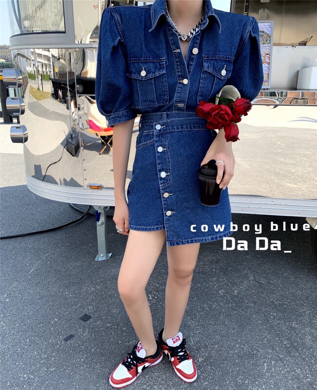 [dada] Korean style bubble sleeve denim shirt + casual slim denim skirt two piece suit 7108# zxl