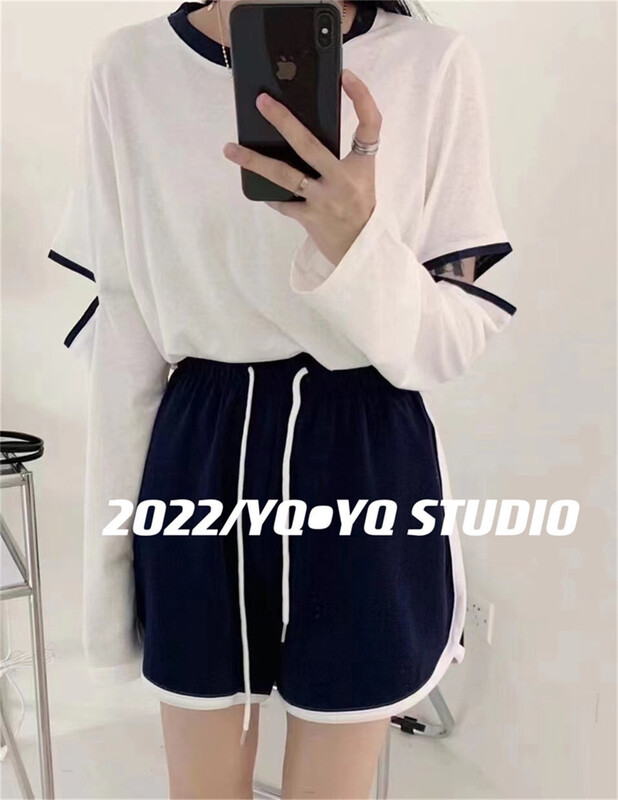 [yyq] contrast round neck versatile loose long sleeve T-shirt 1035# zjy