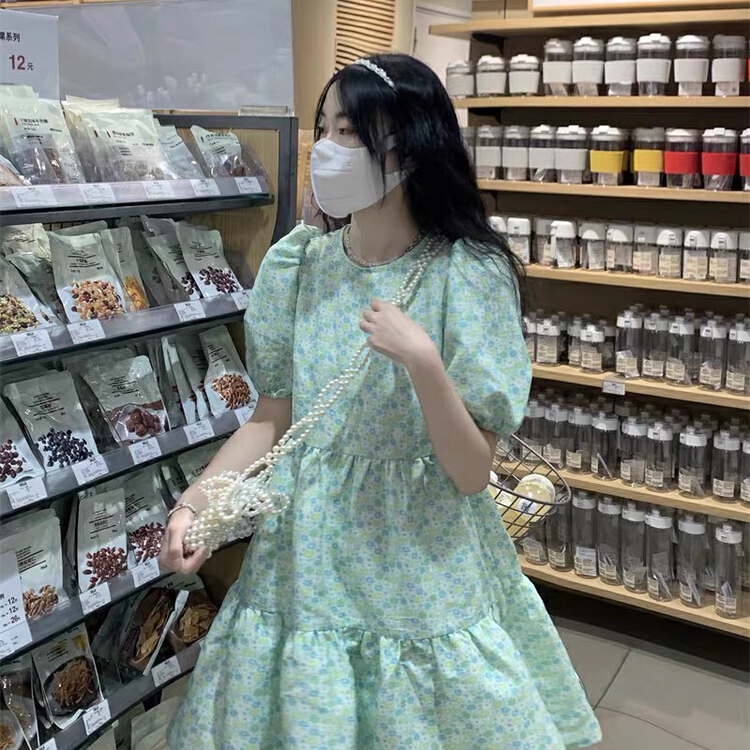 [Yingying new clothes] small fresh French Green broken flower bow Jacquard Dress 7521# Cl