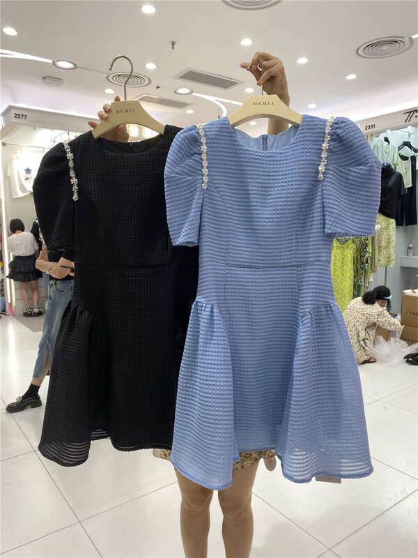 New in early summer! [ms.hui] French bubble sleeve pearl design waist closing dress 968# WPL
