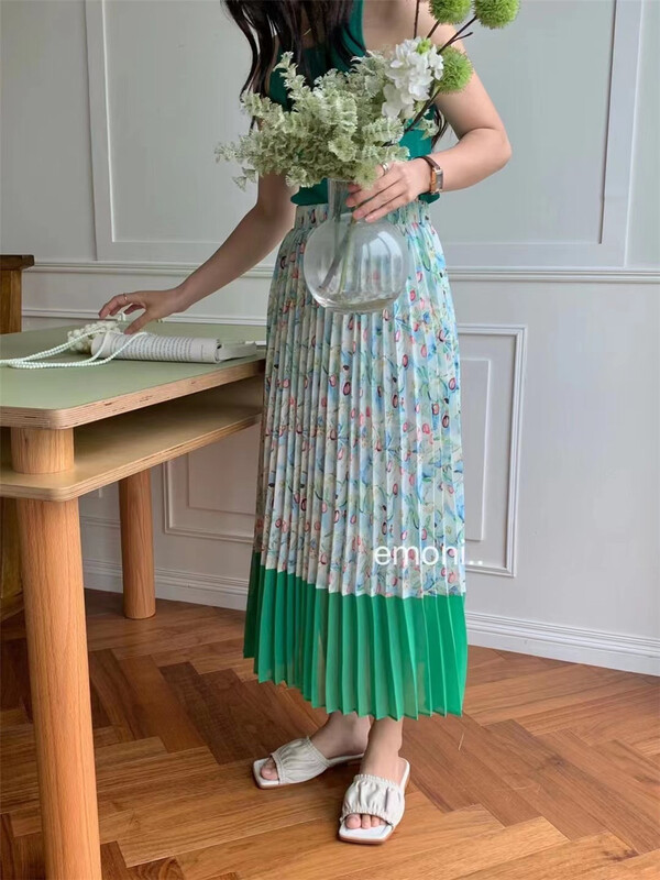 [emoni] Literary Style Floral pleated western style skirt 10970# CLS