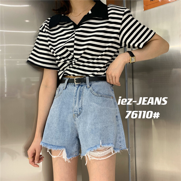 [IEZ] Korean high waist comfortable denim shorts (with belt) 76110# hyy
