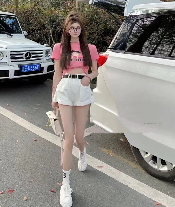 [JH] net red cartoon cotton T-shirt + WASH JEANS SHORTS SET (with belt) 41518# PCZ