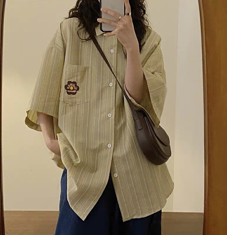 [lab eeda] floral embroidery vertical stripe short sleeve shirt 2823# ozq