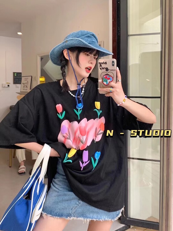 New in early summer! 【N】 Three dimensional tulip print Pullover short sleeve T-shirt 0672# WTT