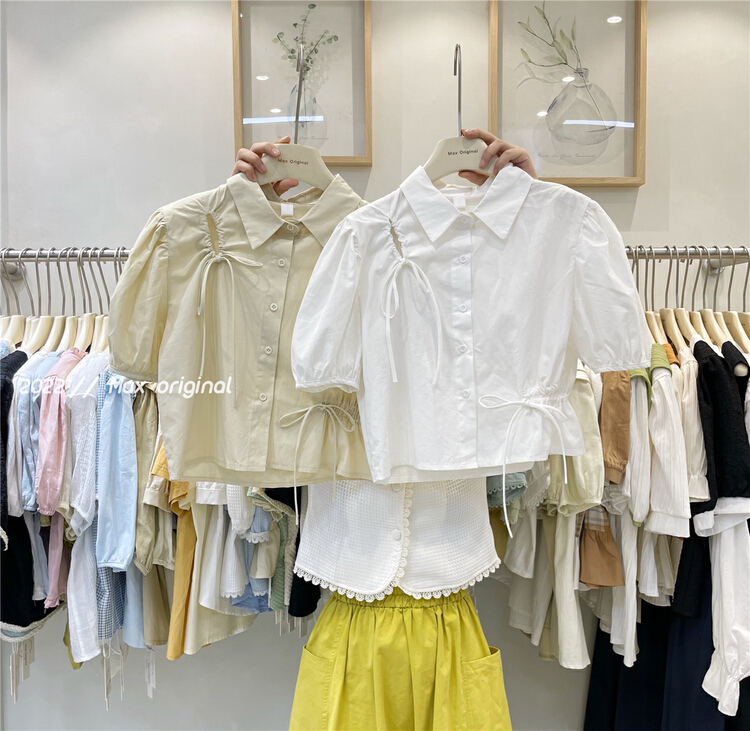 New in early summer! [Max original] Korean design bandage neckline bubble sleeve blouse 98023# HBx
