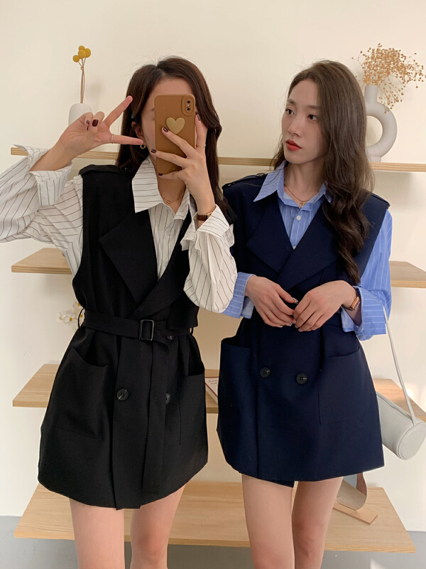 goods in stock! [victory. 2] temperament with medium and long waistcoat + striped shirt two-piece suit (with belt) bb86# jhy