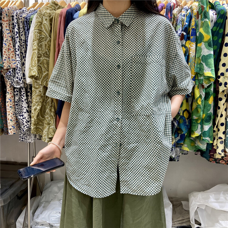 [twenty yinmu] Korean fashion chessboard medium sleeve shirt 692629# L