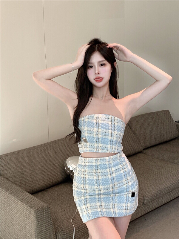 [Doudou family] xiaoxiangfeng short bra Vest + Korean slim color matching high waist skirt set 88259 \cls