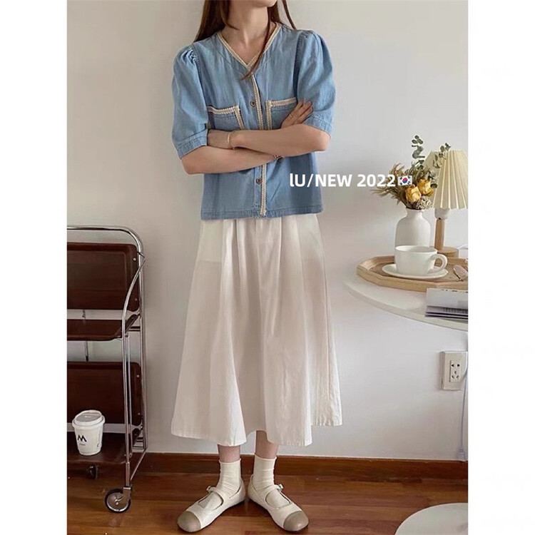[IU] Han Shu V-neck contrast color single breasted short sleeved shirt 6786# WPL