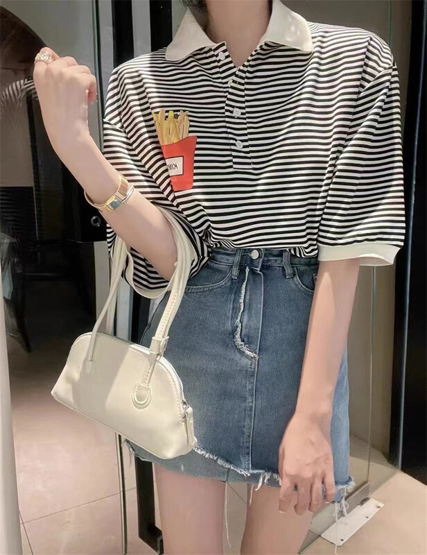 New in early summer! [Naikan Nik] Korean versatile striped French fries printed short sleeve T-shirt 9557# lwy