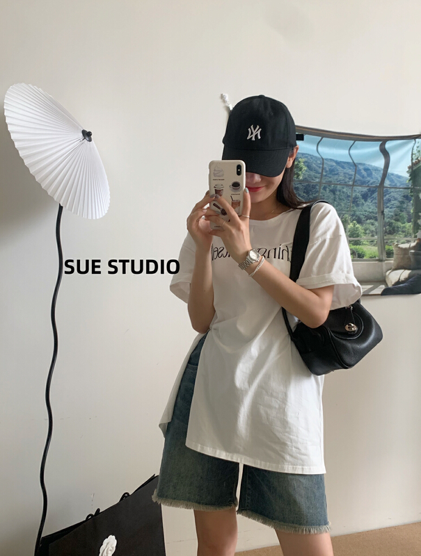 [Sue studio] side slit loose letter short sleeve T-shirt 99911# zjy