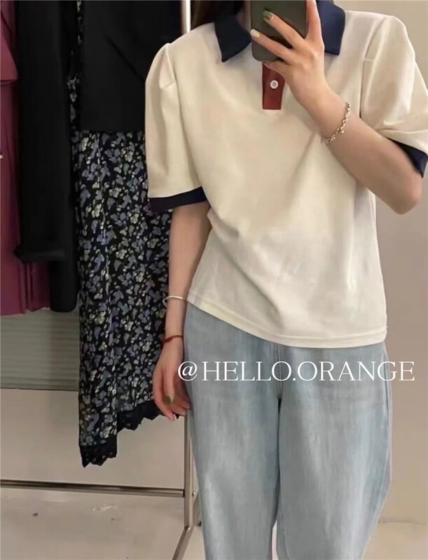 [orange] Korean color contrast collar bubble sleeve polo short sleeve T-shirt 8841# HBx
