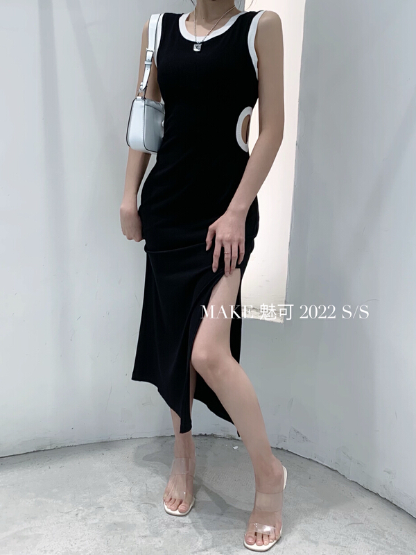 [make Meike] Spice Girls double waist open contrast color stitching round neck one-sided split dress 8792# XJ