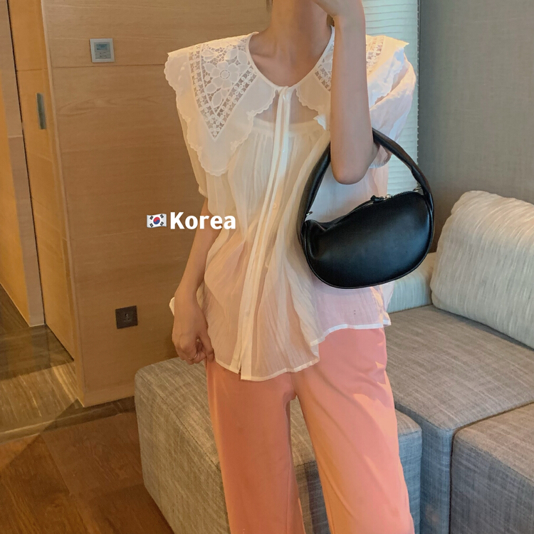 [finoa] Tencel Korean pleated breathable large lapel chiffon shirt (only chiffon shirt) 10333# CLS