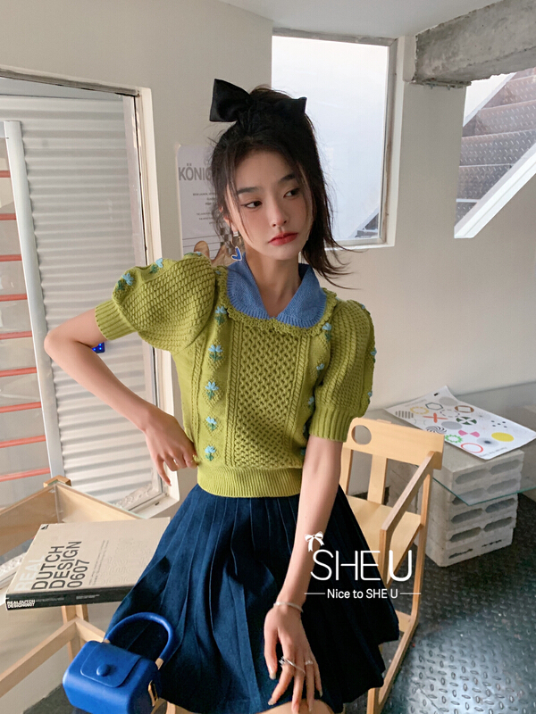 New year in early spring! [she u] xiaoxiangfeng bubble sleeve sweater c50131# cqw