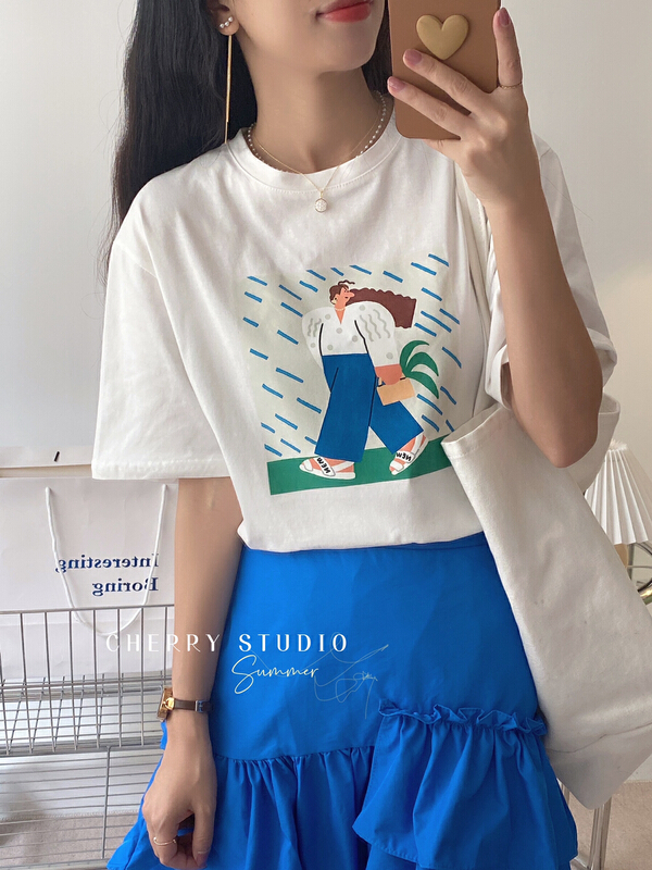 [cherry studio] Korean girls' oil painting printed short sleeve T-shirt 5228# HBx