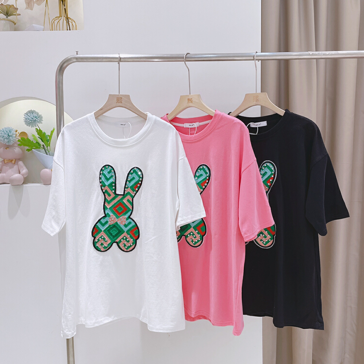 New year in early spring! [miss Xi Xi] ground wool cotton checkerboard heavy industry rabbit short sleeve T-shirt 137# L