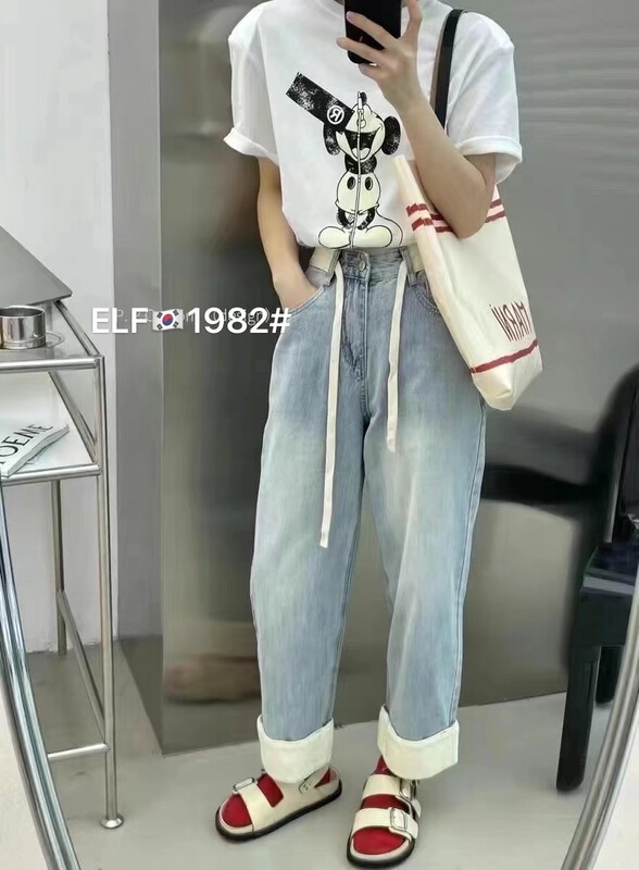 New in early summer! [x2 square] Korean casual and versatile drawstring contrast straight jeans 1982# ll