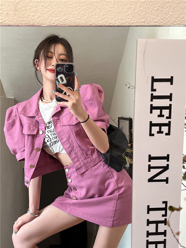 [Huaxi] bubble sleeve denim jacket + A-line skirt suit 8977# PCZ
