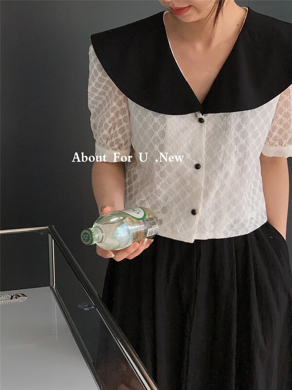New in early summer! [about for u] color blocking baby collar button up blouse 66134# lwy