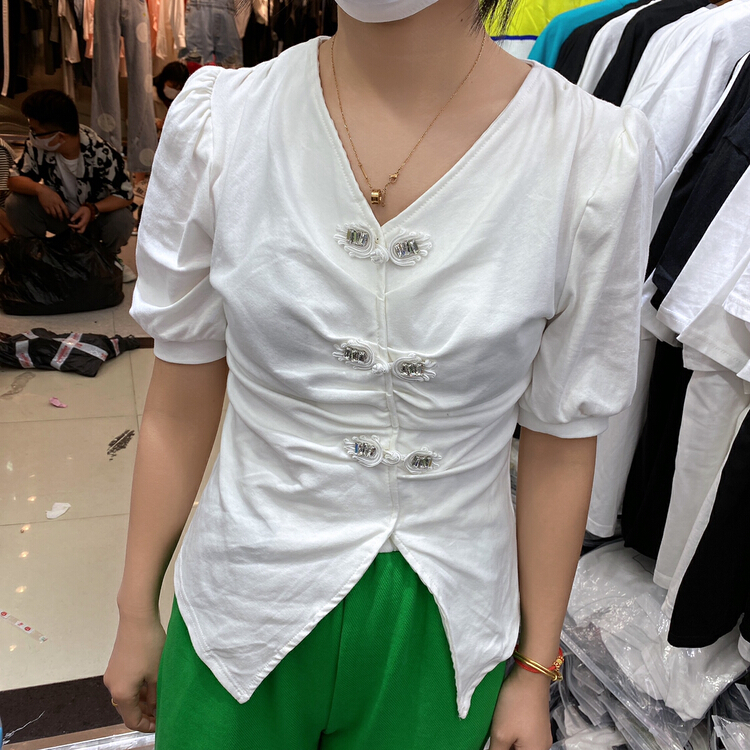 New in early summer! [Qijia +] Chinese style sleeve slim fitting V-neck short sleeve T-shirt 7335# zyh