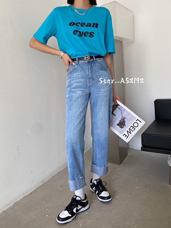 [star] high waist curled straight jeans (with belt) as2192# CLS