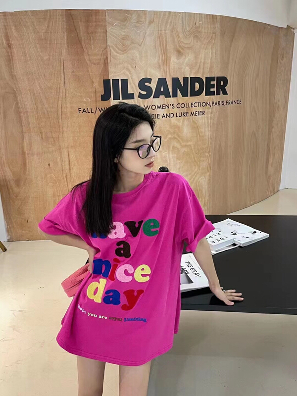 New in early summer! [rainbow] three dimensional letters contrast color Pullover short sleeve T-shirt 11851# WTT