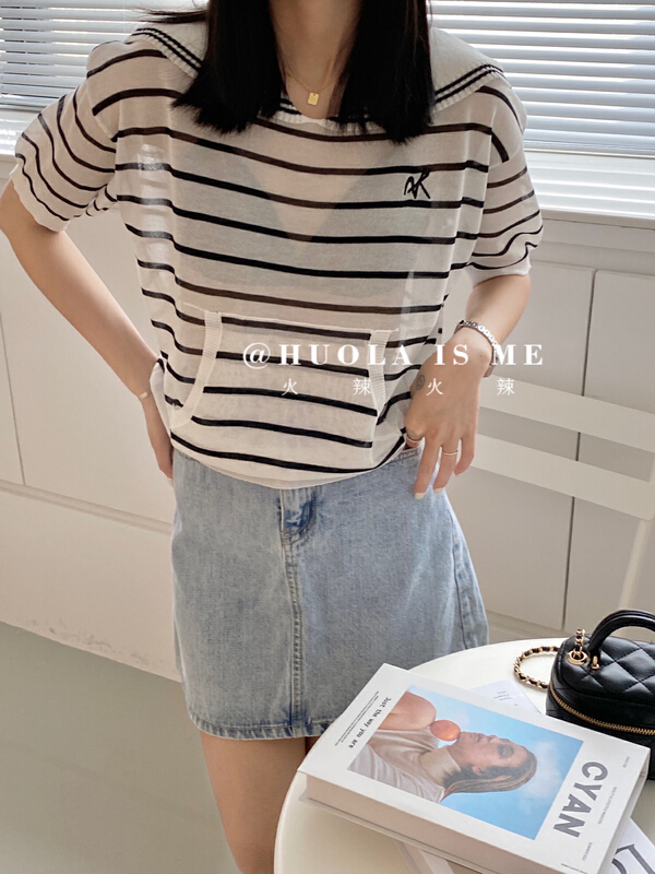 [hot Huola is me] air force collar stripe letter embroidered short sleeve T-shirt 7580# cqw