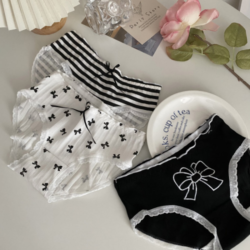 Real price Japanese underwear women's sexy bow pure cotton versatile lattice breathable Briefs 3 Pack