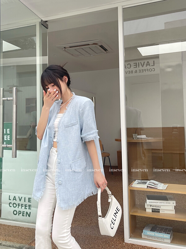[inseven] niche design fashion small fragrance V-neck jacket 26385# ozq