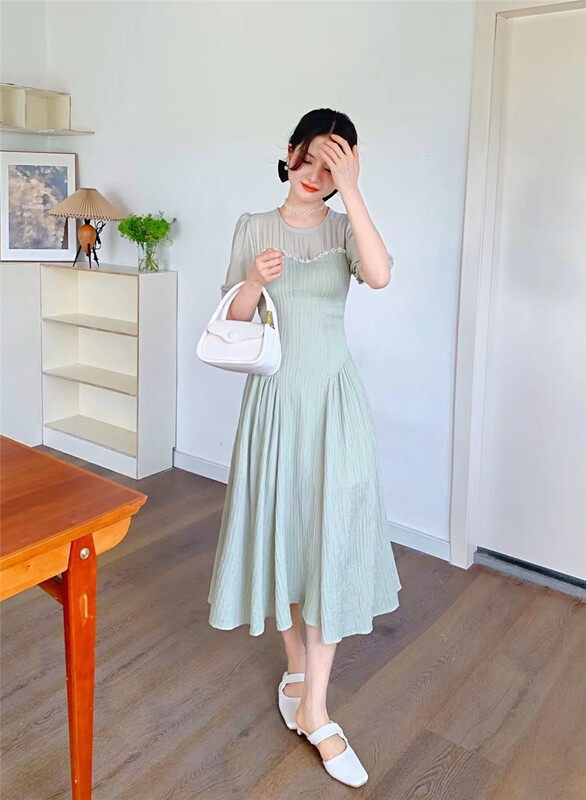 New in early summer! [hs7] Korean version waist closing round neck Tencel Chiffon Dress 5089# PCZ