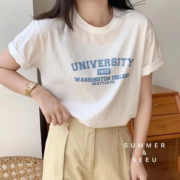 [Irene] letter print wide simple short sleeve T-shirt 2259# WTT