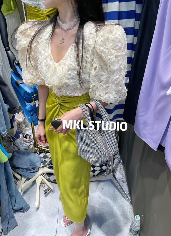 [Mikala] temperament kink solid color slim chiffon skirt 866# PCZ