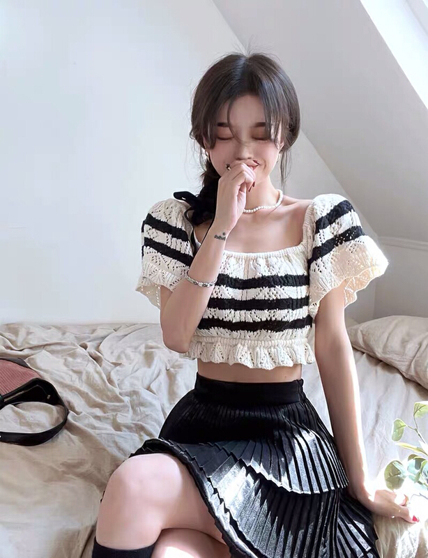 [Danling] waistband stripe off shoulder knit 1102# PCZ