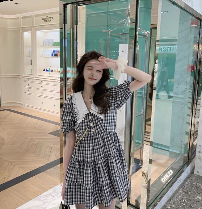 [L.L studio] Plaid doll neck age reducing dress 77131# PCZ